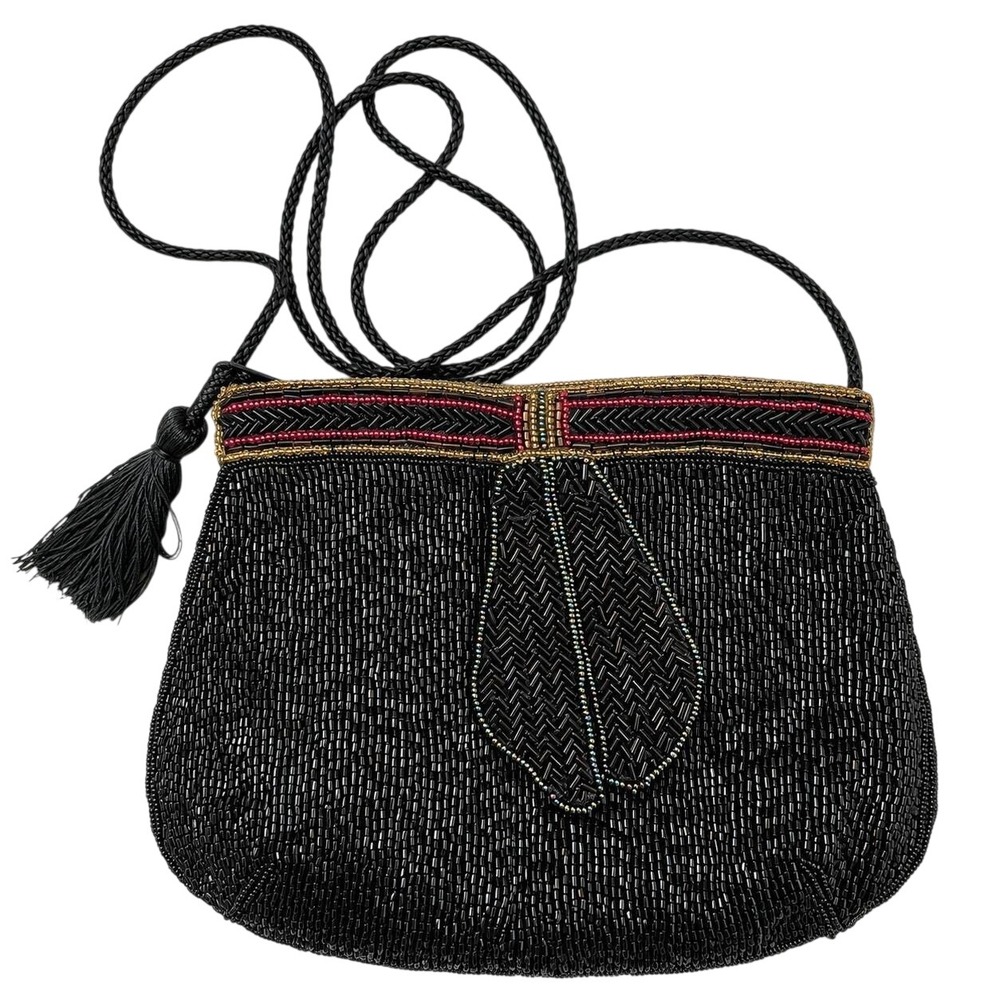 Bonwit‎ Teller Vintage Beaded Crossbody Bag Black Red Gold Tassel Evening Purse